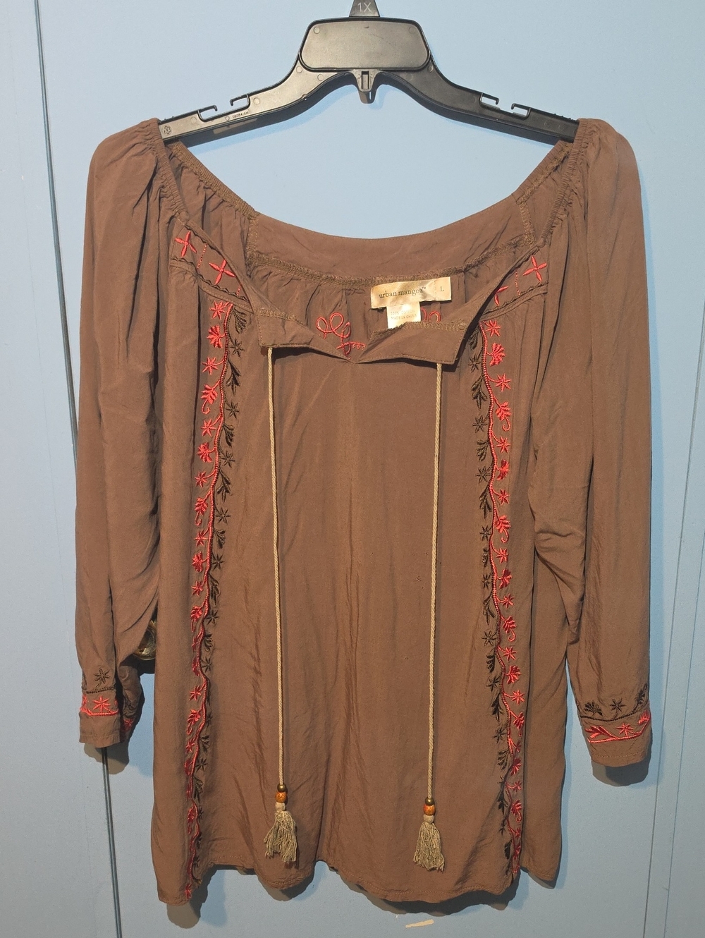 Boho Embroidered Peasant Blouse in Brown